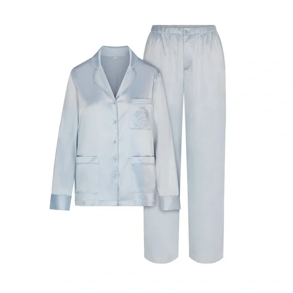 Skims Hotel Shine Long Sleeve Button Up Sleep Set Size Small Light Blue - Picture 2 of 6